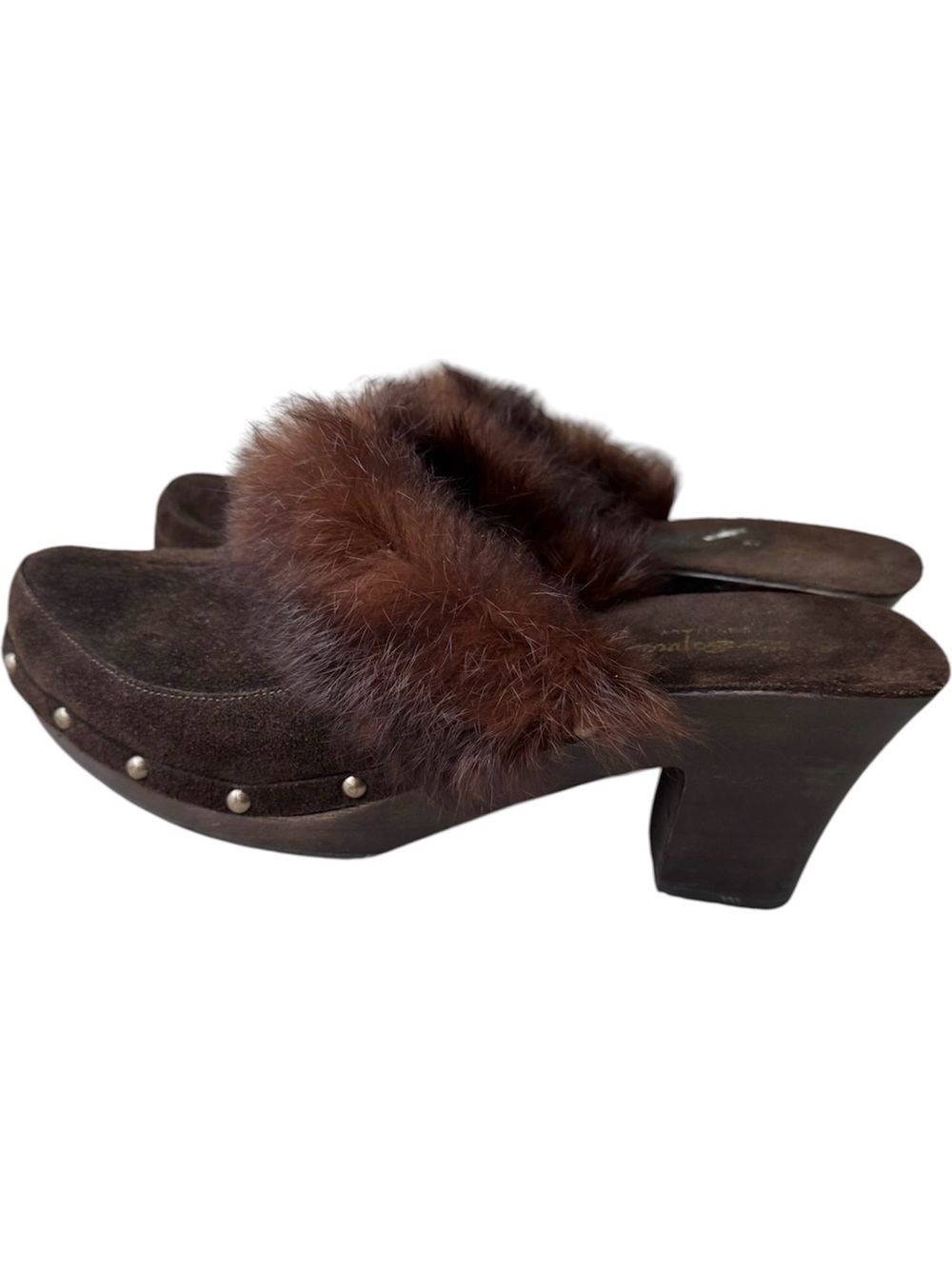 Vintage Sotto Sopra Italian Made Brown Suede Fur Trim Studded Clogs Mules Heels